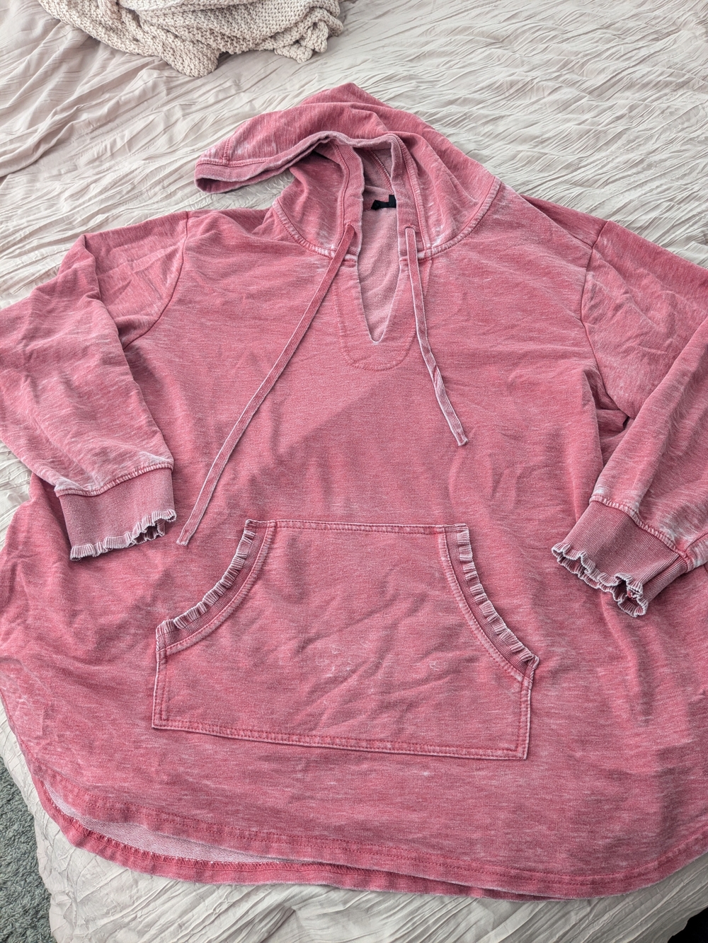 Washed Pink Hoodie with Ruffle Trim